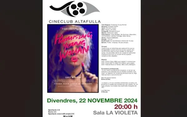 El Cineclub Altafulla Link s'uneix a la commemoració del 25N amb el passi d' 'Una jove prometedora', aquest divendres a La Violeta
