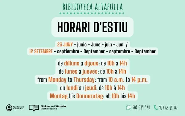 La Biblioteca d’Altafulla inicia l’horari d’estiu aquest pròxim dilluns, 23 de juny