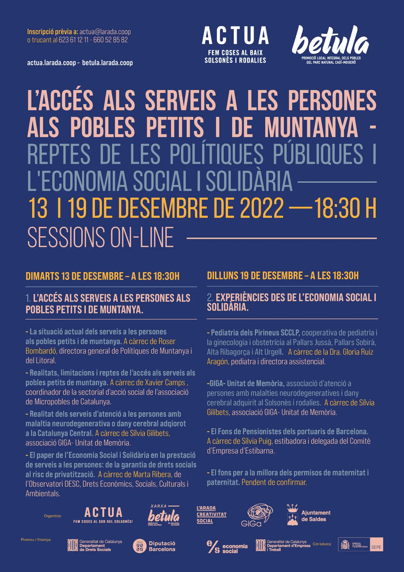 Els projectes de l'Arada Actua i Betula impulsen unes jornades en línia sobre els serveis a les persones als pobles petits i de muntanya