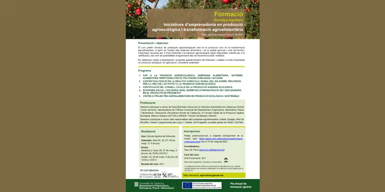 L'Escola Agrària organitza un curs presencial sobre emprenedoria en producció agroecològica i transformació agroalimentària