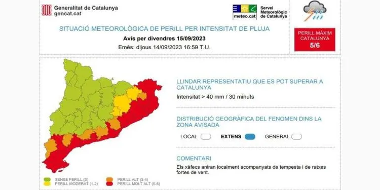 Protecció Civil activa l'alerta INUNCAT per pluges molt intenses a tot el litoral i prelitoral català aquest divendres