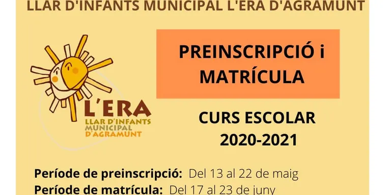 Obert el període de preinscripció i matrícula a la Llar d'Infants Municipal l'Era d'Agramunt