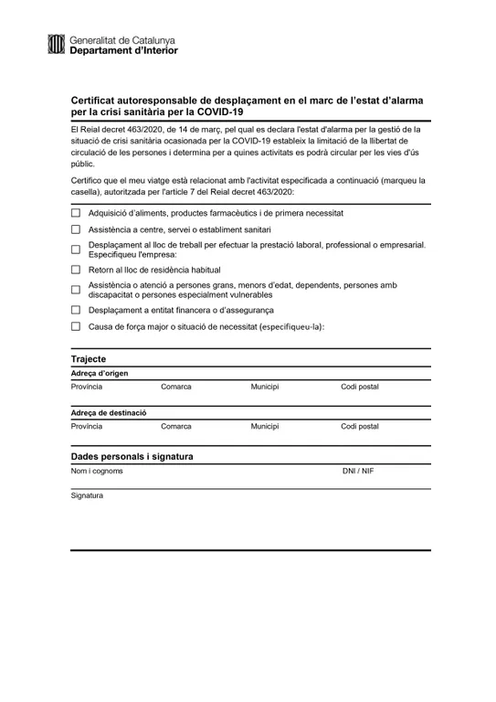 El Departament d'Interior activa un "certificat d'auto-responsabilitat" per als desplaçaments