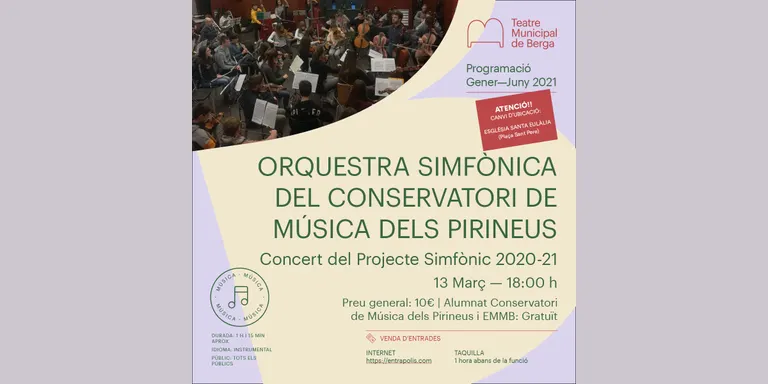 El Conservatori de Música dels Pirineus presentarà el Projecte Simfònic 2020-2021 a Berga i la Seu d’Urgell
