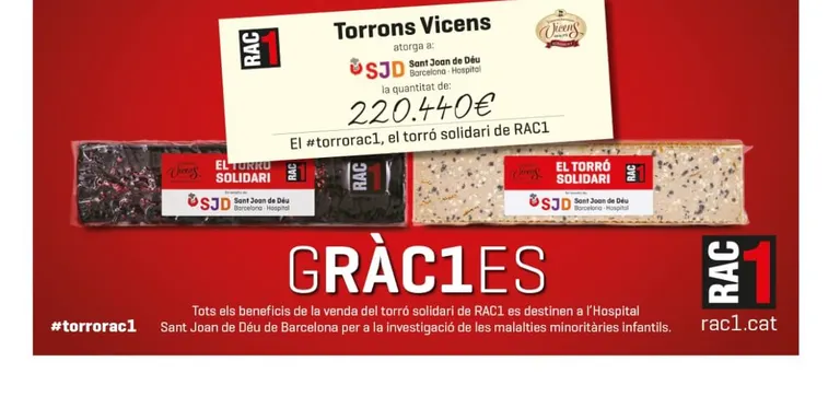 Rac1 i Torrons Vicens recapten 220.440 euros per a l'Hospital Sant Joan de Déu amb el Torró solidari