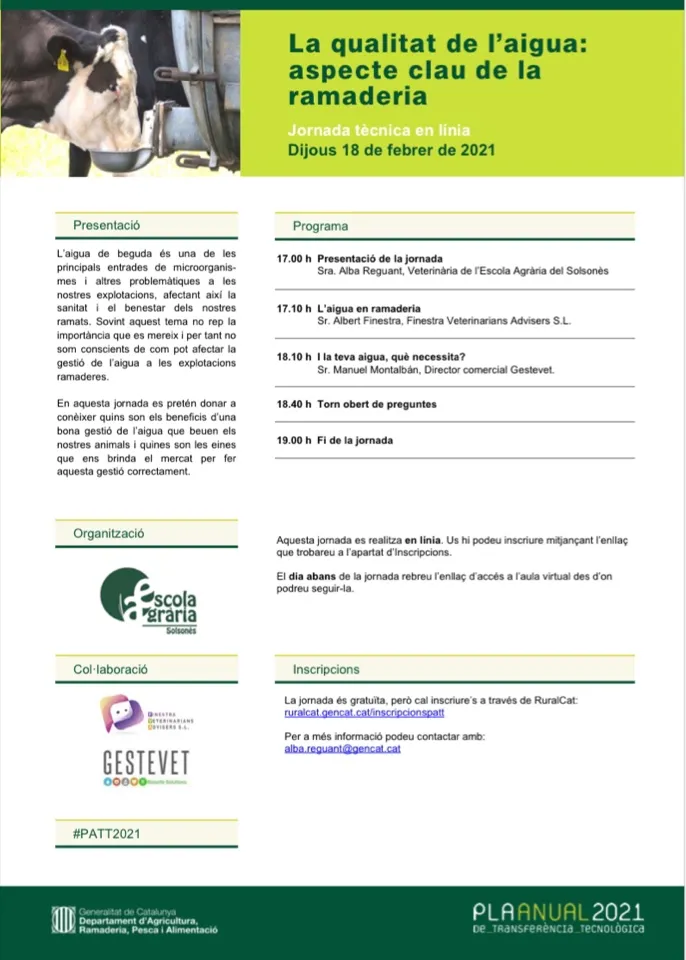 L'Escola Agrària del Solsonès programa una jornada tècnica sobre la qualitat de l'aigua com a aspecte clau de la ramaderia