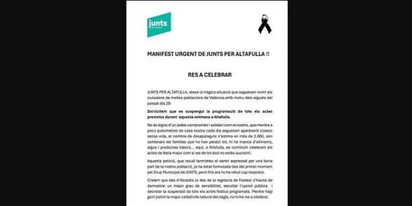 Junts per Altafulla reclama cancel·lar la Festa Major de Sant Martí per respecte a les víctimes dels aiguats a València