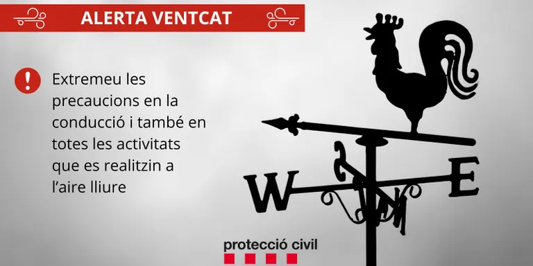 Protecció Civil activa l’alerta del pla VENTCAT per la previsió de fort vent a partir de mitjanit