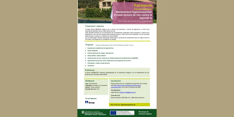L'Escola Agrària del Solsonès organitza un curs de manteniment d'instal·lacions de risc contra la legionel·la
