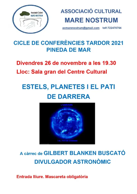 El divulgador astronòmic Gilbert Blanken Buscató farà a Pineda una xerrada amb el nom «Estels, planetes i el pati del darrera'