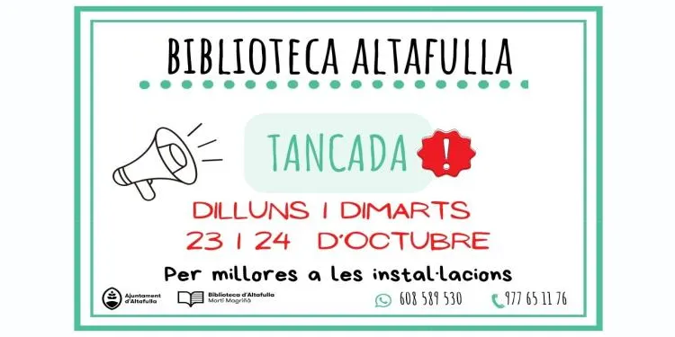 La Biblioteca Muncipal d'Altafulla roman tancada aquest dilluns i dimarts