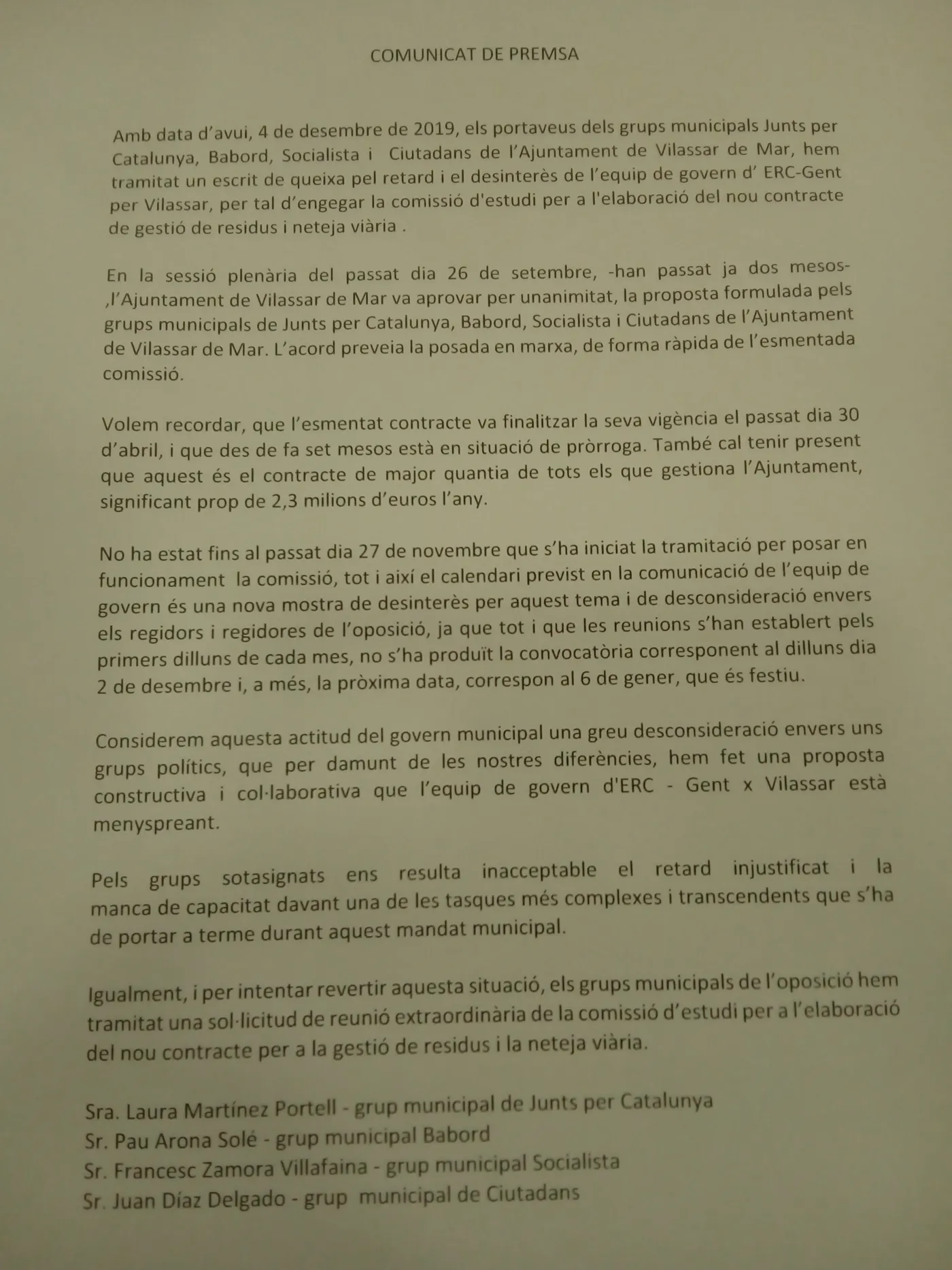 L’oposició demana al govern una reunió extraordinària per accelerar l’elaboració del nou contracte de gestió de residus i neteja viària