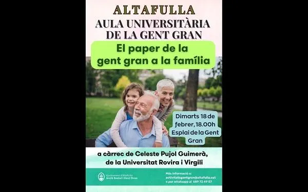 “El paper de la gent gran a la família” serà el tema de debat en una nova sessió de l’Aula Universitària de la Gent Gran d’Altafulla