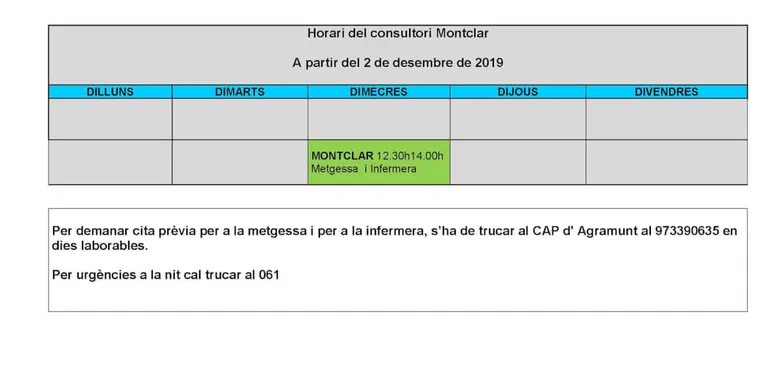 Canvia l'horari de visita al consultori de Montclar