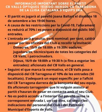 Ja es coneix l’adquisició d’entrades pel derbi CB Valls – CBT