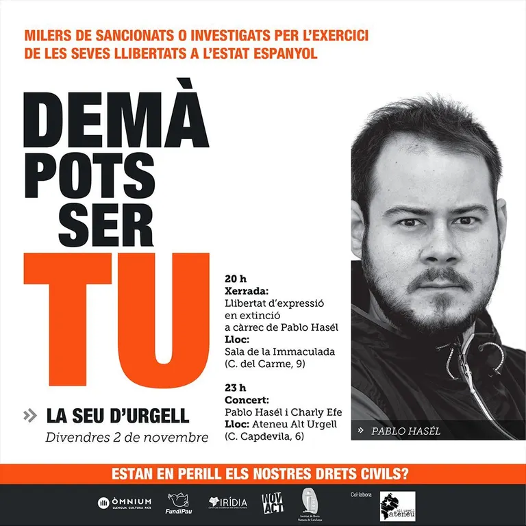 Xerrada de Pablo Hasél a la Seu d'Urgell dins de la campanya 'Demà pots ser tu'