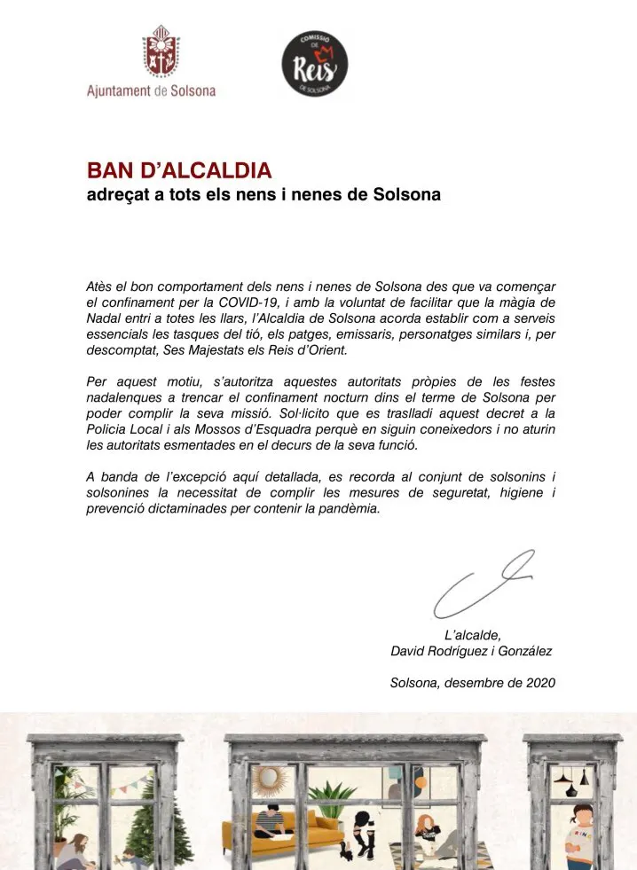 L'alcalde de Solsona ha publicat un ban adreçat als infants de la ciutat en el qual estableix com a serveis essencials totes les tasques nadalenques