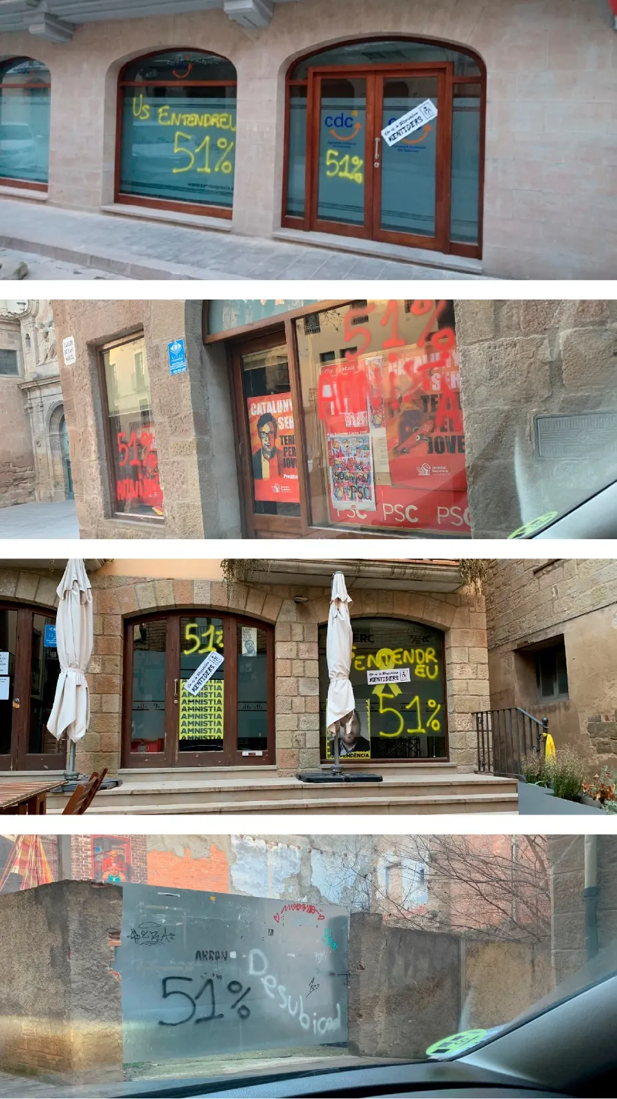Apareixen pintades a les seus dels partits de Solsona en referència a les negociacions per formar govern i a la majoria independentista del 51%