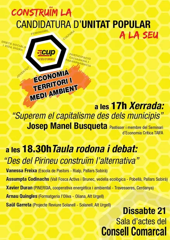 La CUP de la Seu organitza un debat sobre l'economia del Pirineu