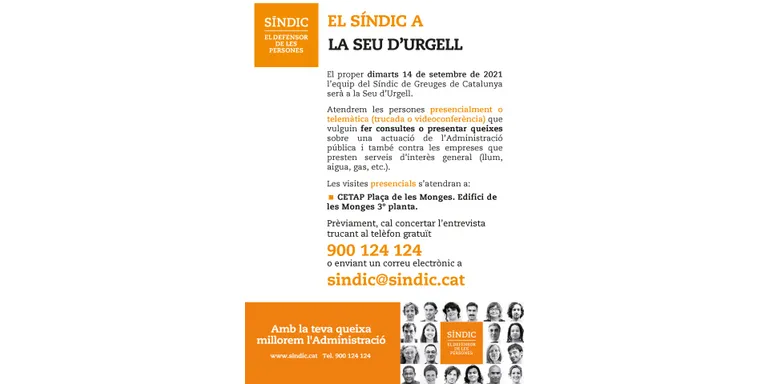 L’equip del Síndic de Greuges de Catalunya serà a la Seu d’Urgell el 14 de setembre