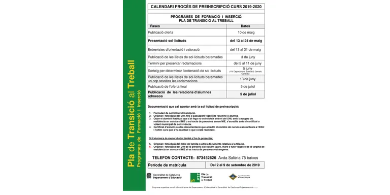 Comencen les preinscripcions del Pla de Transició al Treball 2019-2020
