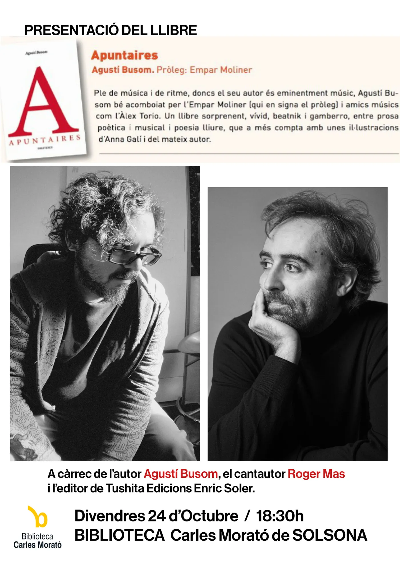 La biblioteca acull demà la presentació del llibre de prosa poètica i poesia lliure "Apuntaires", d'Agustí Busom