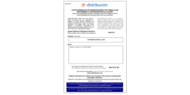 Avís per tall en el subministrament de llum per demà al carrer dels Horts