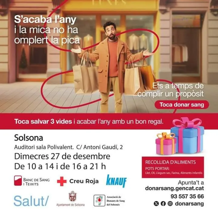 <strong>Doble jornada solidària aquest dimecres a Solsona, amb donació de sang i recollida d'aliments</strong>