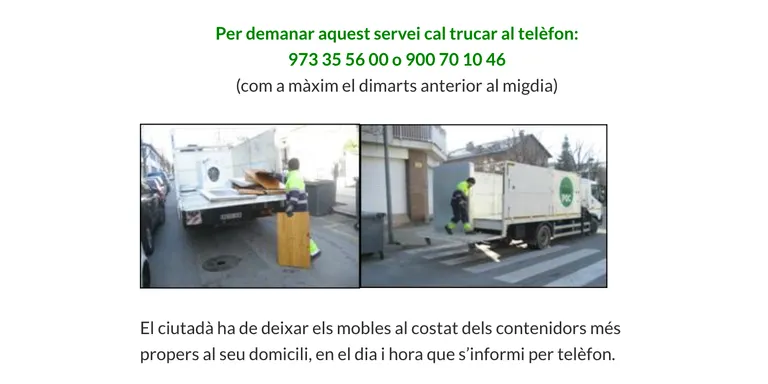La Mancomunitat d’Escombraries de l’Urgellet reinicia la recollida de mobles i objectes voluminosos