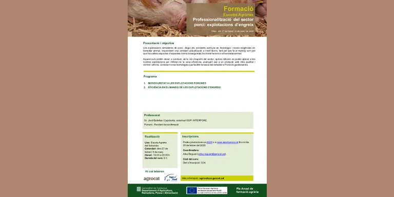 L'Escola Agrària del Solsonès programa dos cursos de professionalització del sector porcí adreçats a ramaders