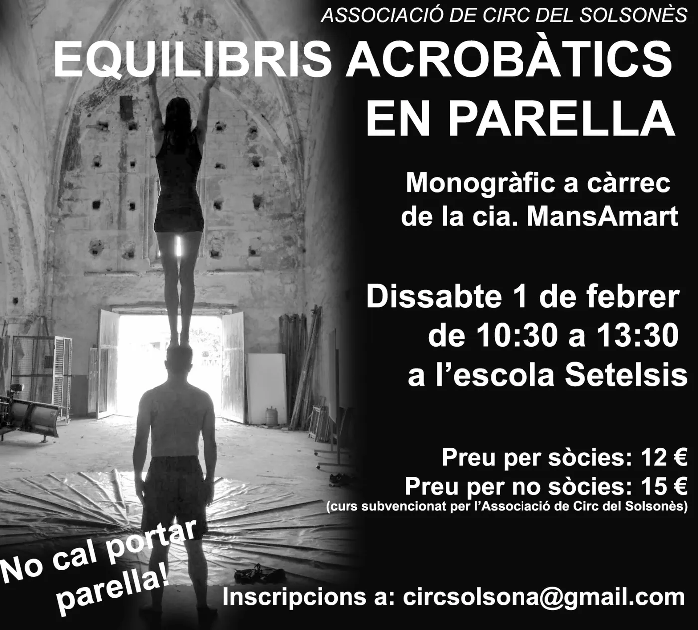 L'Associació de Circ programa un taller monogràfic d'equilibris acrobàtics en parella
