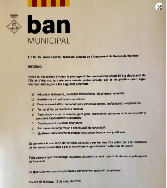 Ahir diumenge l'Alcalde Isidre Pineda va emetre un BAN Municipal amb els casos en què es permet circular per Caldes