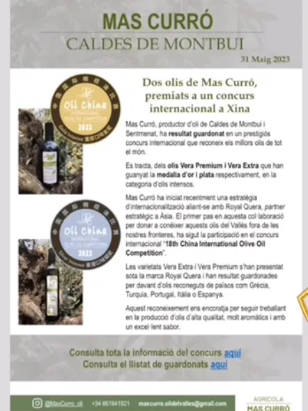 Dos olis del productor calderí Mas Curró obtenen un primer i segon premi al concurs internacional de la Xina