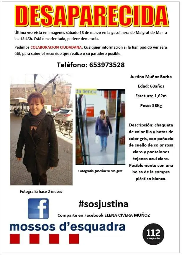 La família de Justina Muñoz fa una crida per insistir en la recerca de la dona, desapareguda des de dissabte