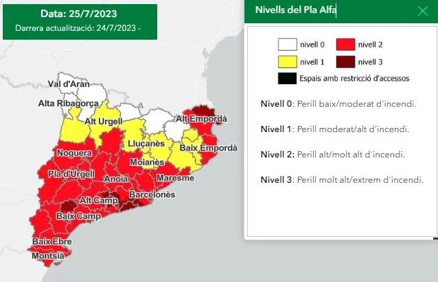 Tornen a tancar els espais naturals i activen l’alerta per risc d’incendi