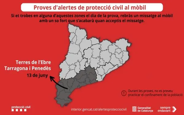 Aquest dimarts es provarà el sistema d'alertes a mòbils de Protecció Civil a Tarragona, Terres de l'Ebre i Penedès
