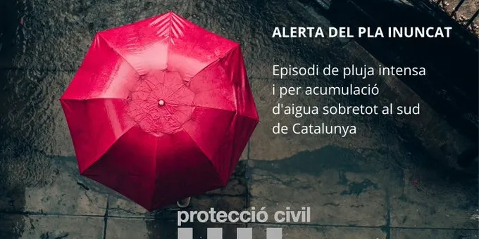 Protecció Civil de la Generalitat activa l'alerta de l'INUNCAT per l'episodi de pluja previst al sud de Catalunya