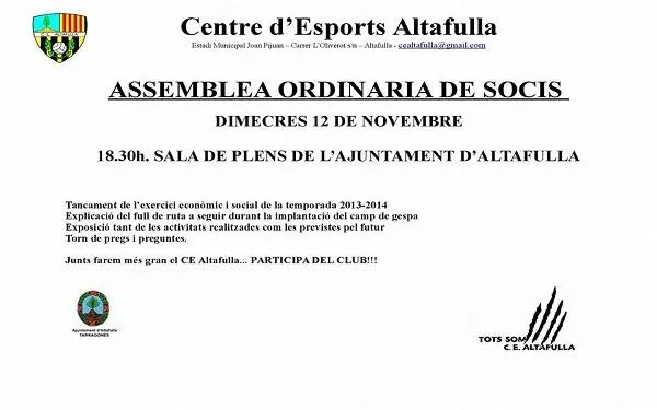 El CE Altafulla convoca els socis a una Assemblea Ordinària