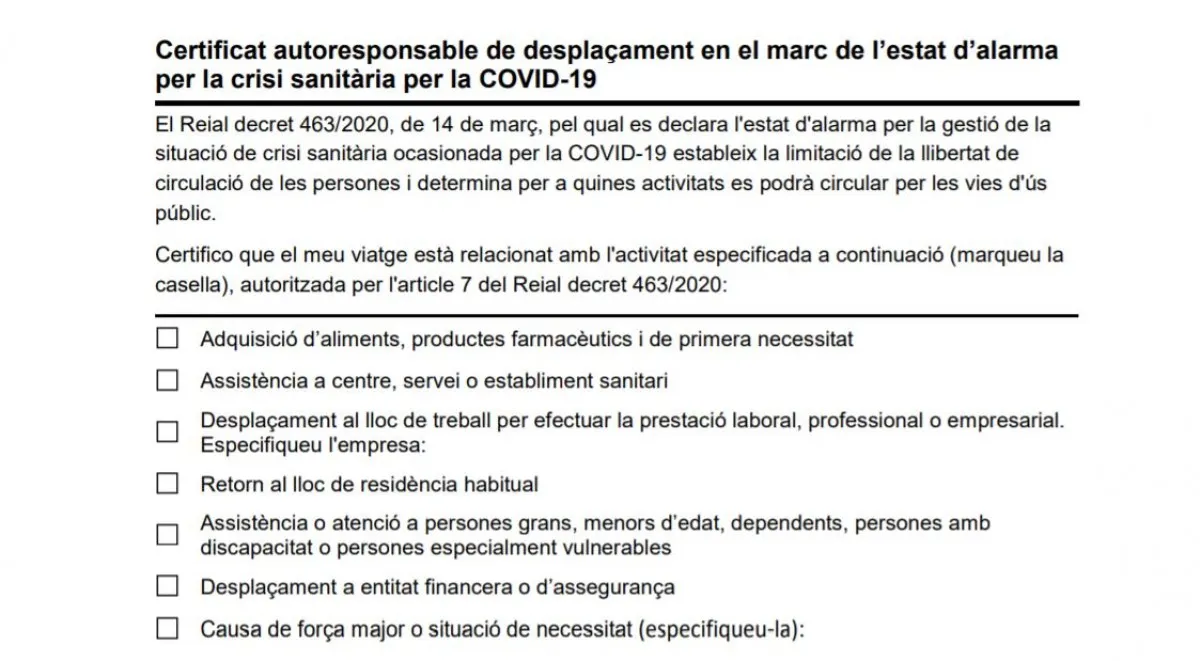 La Direcció General de Protecció civil ha editat un certificat autoresponsable de desplaçament