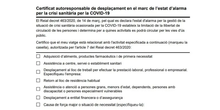 La Direcció General de Protecció civil ha editat un certificat autoresponsable de desplaçament