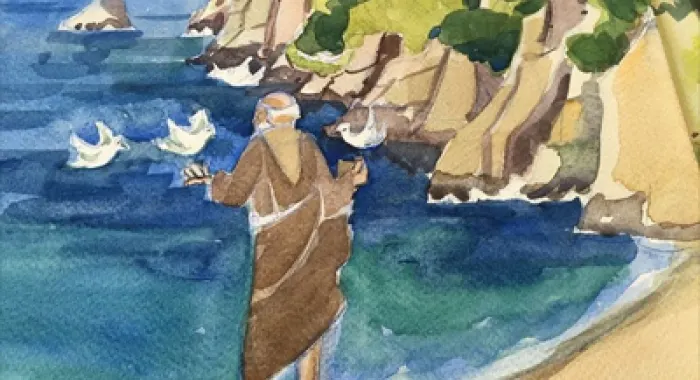 Aquarel·la que il·lustra la porta del llibre 'Joaquim Ruyra i els caputxins'