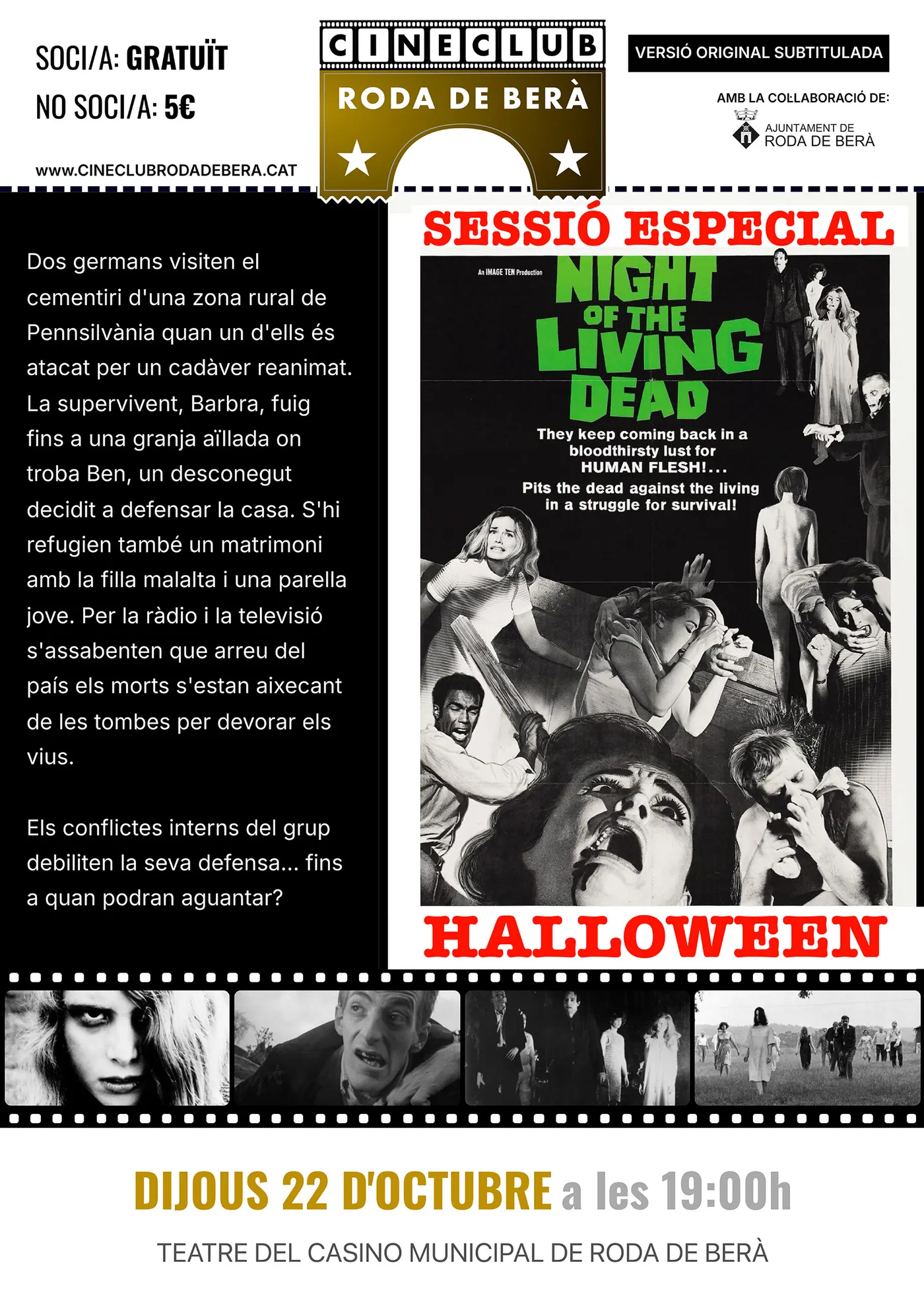 El Cineclub Roda de Berà celebrarà Halloween amb la projecció del clàssic de terror La nit dels morts vivents
