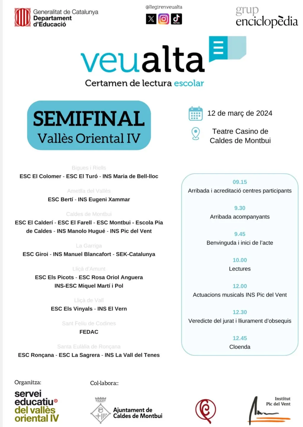 Caldes acull per primera vegada la semifinal territorial del Certamen escolar «Lectura en Veu Alta»
