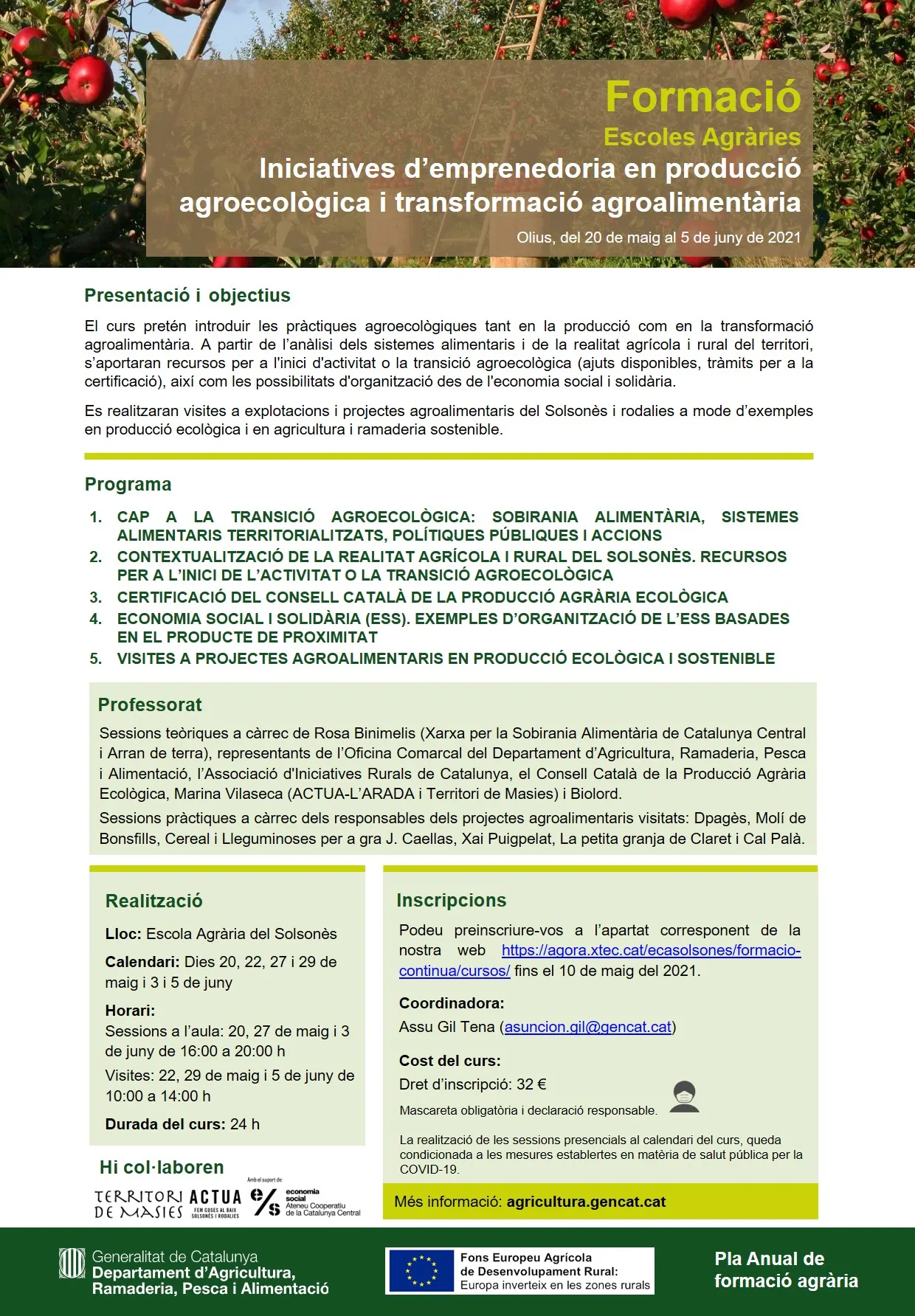 L'Escola Agrària organitza un curs presencial sobre emprenedoria en producció agroecològica i transformació agroalimentària