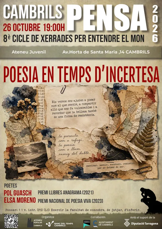 El cicle ‘Cambrils Pensa’ convida la ciutadania al recital ‘Poesia en temps d’incertesa’ que es farà avui a l’Ateneu Juvenil