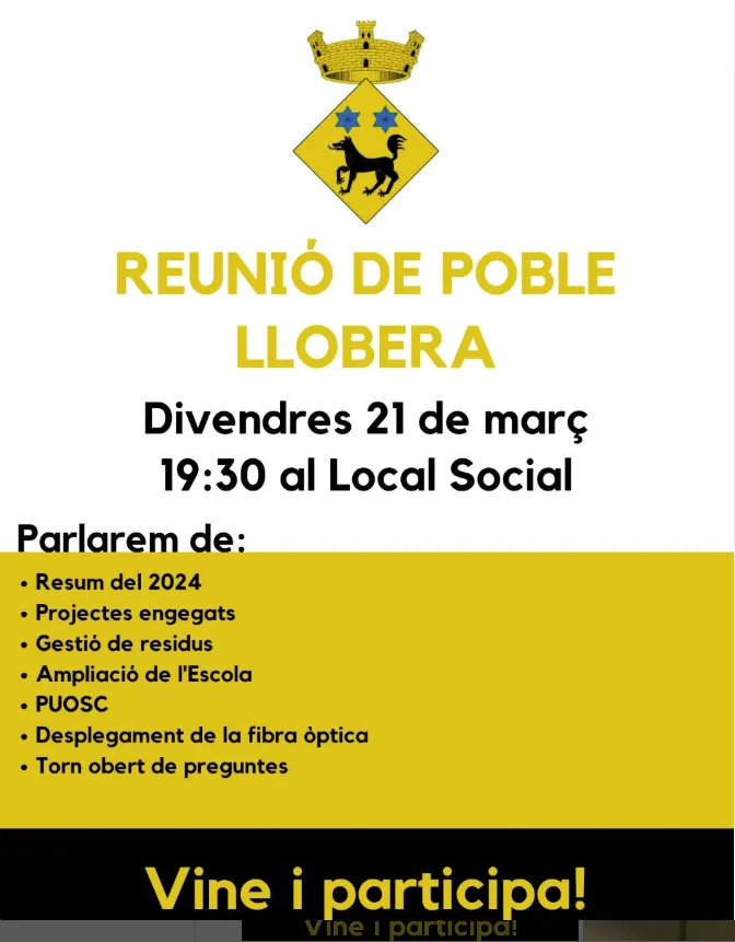 L'Ajuntament de Llobera convoca els veïns demà a una reunió de poble