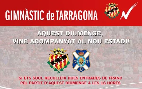 El Nàstic regalarà dues entrades pel partit contra el Tenerife als abonats que ho desitgin