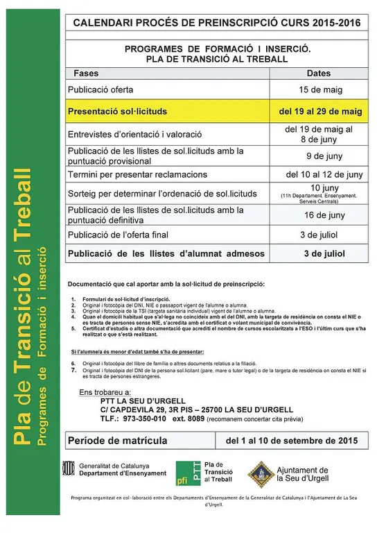 S'inicien les preinscripcions del Pla de Transició al Treball 2015-2016