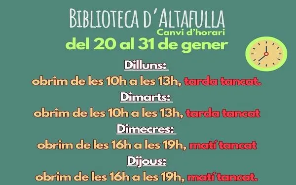 La Biblioteca Municipal d’Altafulla modifica el seu horari fins al 31 de gener