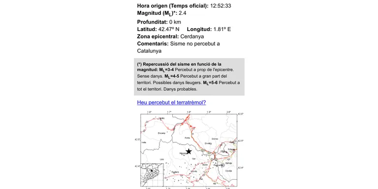 Terratrèmol de magnitud 2,4 a la Cerdanya